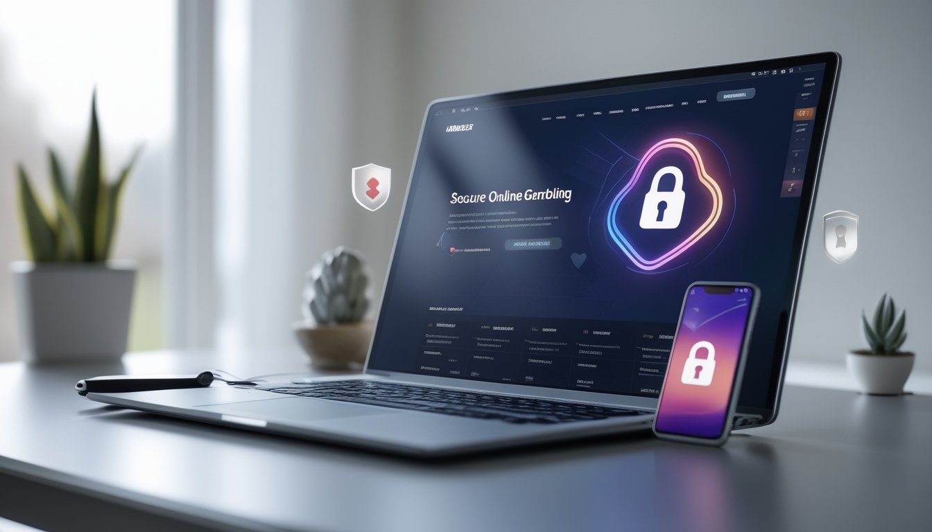 Seorang pengguna sedang melihat situs judi online yang aman dan terpercaya di laptop dan ponsel di atas meja kerja.