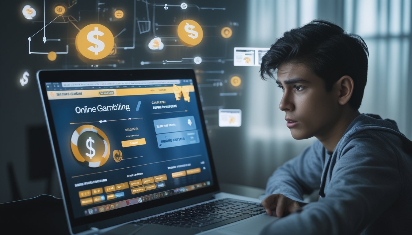 Seorang dewasa muda duduk di depan laptop dengan ekspresi waspada, menggambarkan kehati-hatian terhadap situs judi online yang tidak aman.