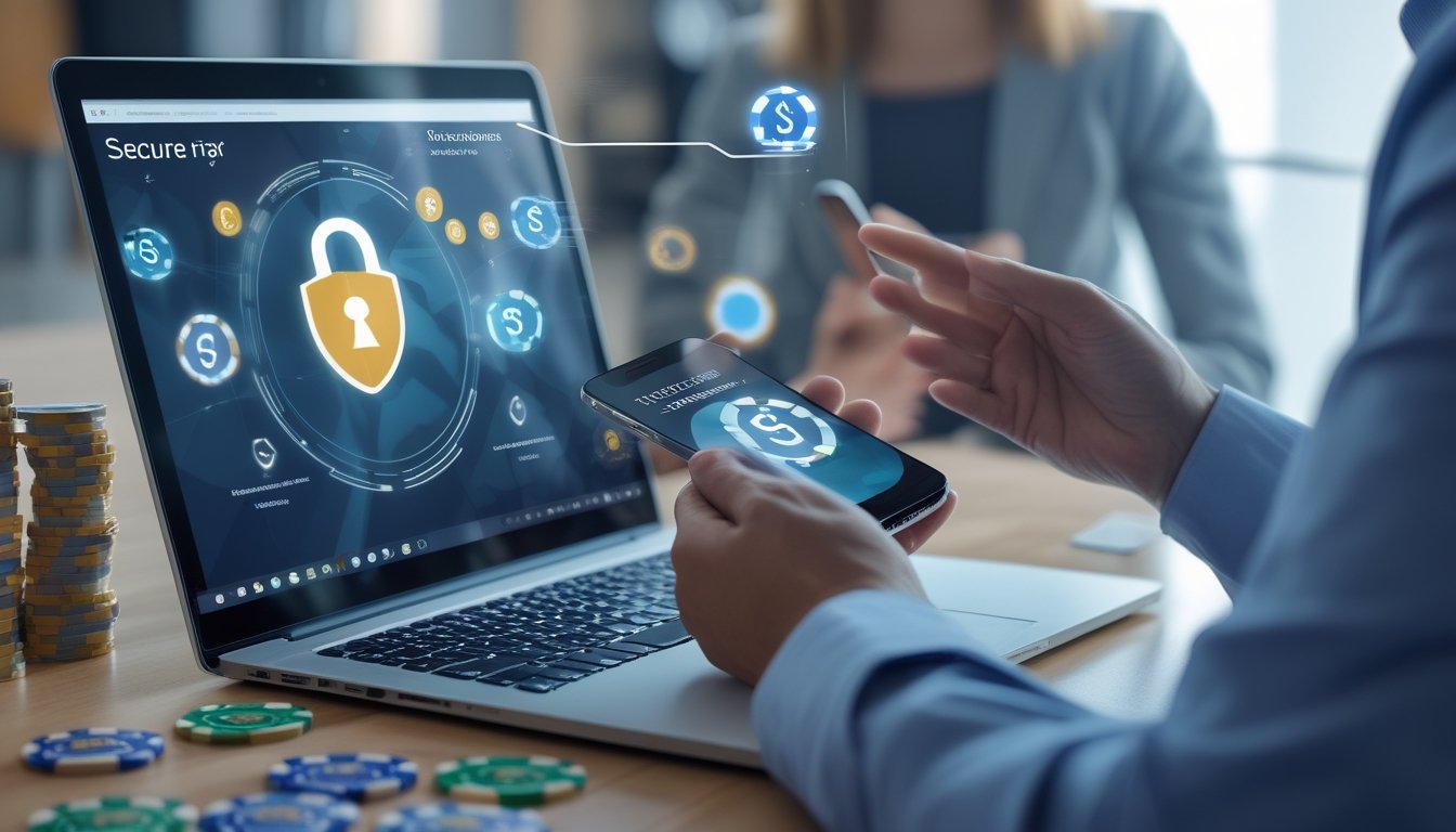 Seorang pria menggunakan laptop dan ponsel di meja kerja modern dengan ikon keamanan transaksi digital dan simbol perjudian online samar di latar belakang.