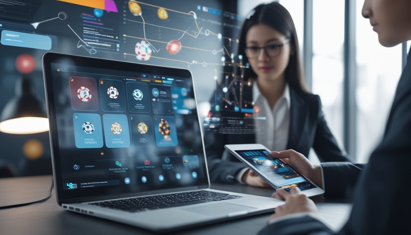 Seorang profesional sedang menggunakan laptop dan tablet di meja kerja dengan ikon permainan judi online di layar, menggambarkan perbedaan antara bandar judi online dan situs judi online.
