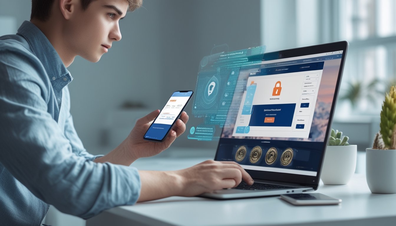 Seorang dewasa muda duduk di meja dengan laptop dan ponsel, menunjukkan aktivitas berjudi online yang aman dengan simbol keamanan digital di latar belakang.