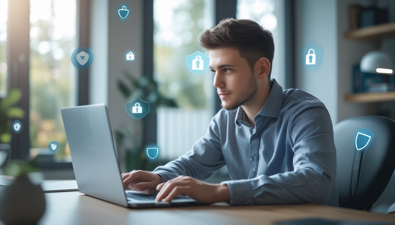 Seorang dewasa muda duduk di meja dengan laptop, dikelilingi oleh ikon keamanan digital, menunjukkan suasana bermain judi online yang aman dan terpercaya.