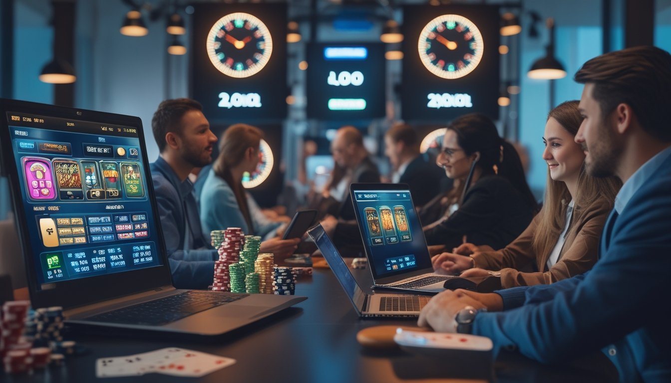 Orang-orang menggunakan perangkat digital untuk berjudi online di ruangan modern dengan jam digital yang menunjukkan waktu berbeda.