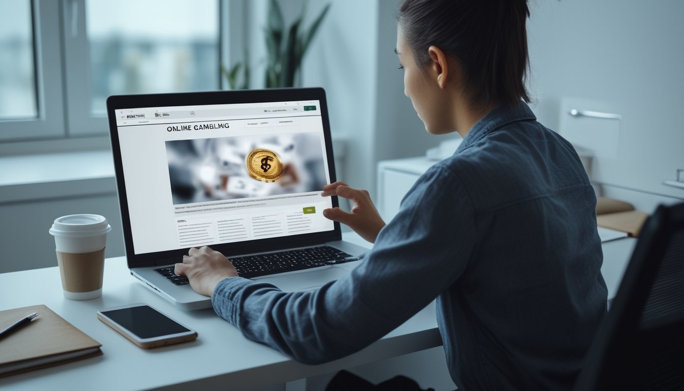 Seseorang duduk di meja dengan laptop, memeriksa situs judi online sebelum mendaftar.