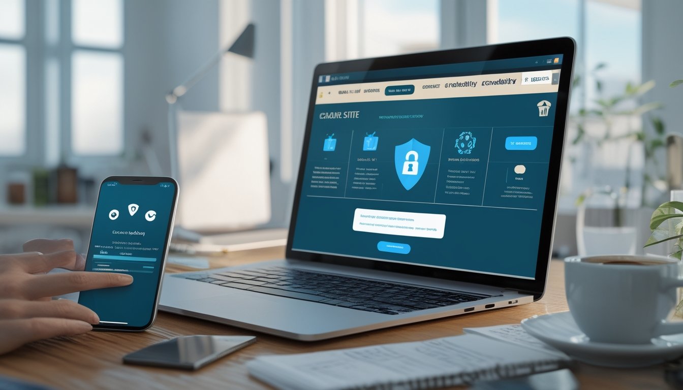 Seseorang duduk di meja kerja menggunakan laptop dan ponsel untuk memeriksa keamanan dan kepercayaan situs judi online dengan ikon keamanan di layar.