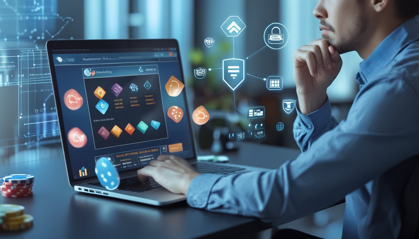 Seseorang duduk di meja kerja menggunakan laptop dengan tampilan situs judi online, dikelilingi ikon keamanan dan grafik digital.