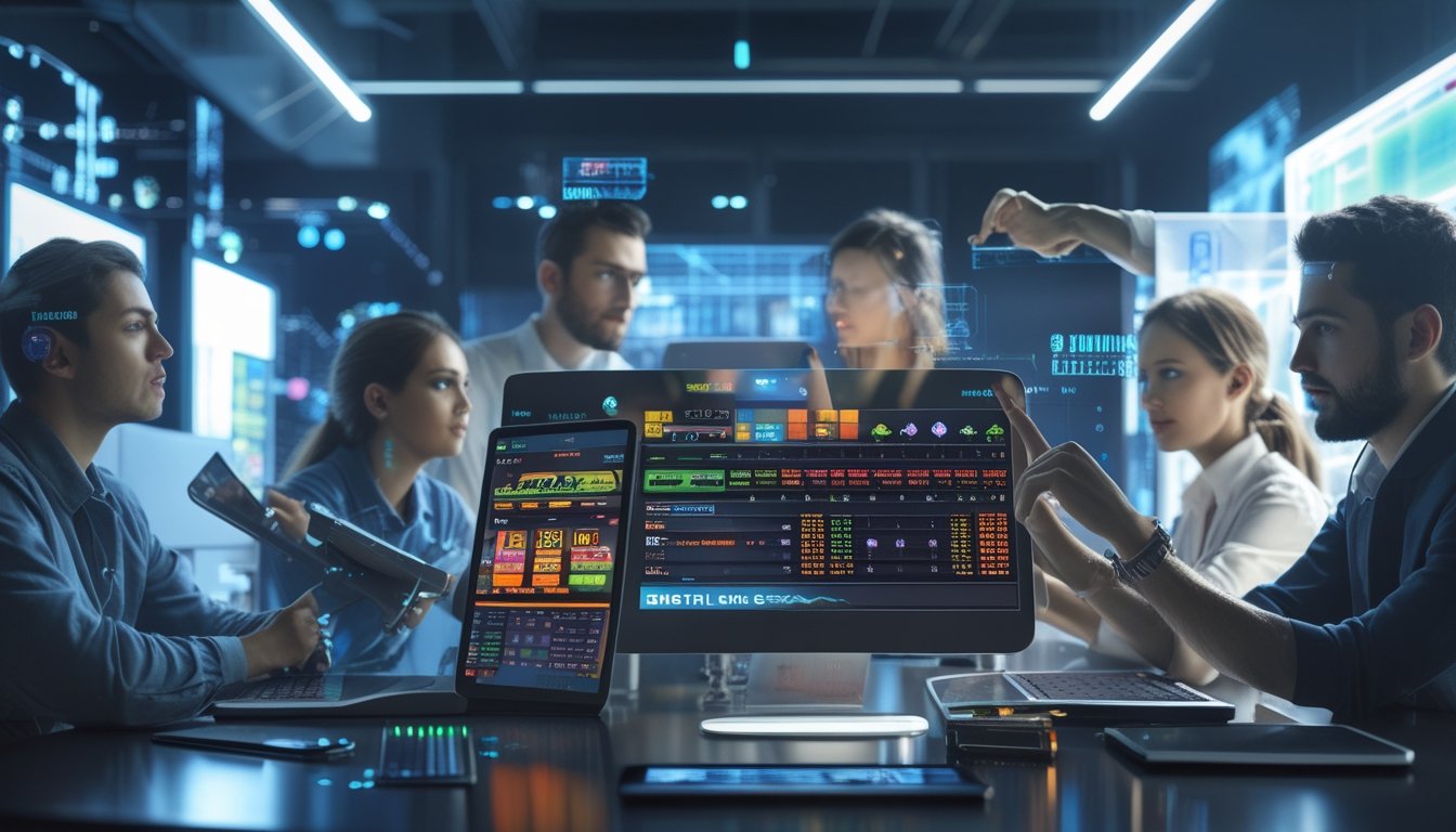 Beberapa orang muda menggunakan perangkat digital untuk bermain dan menganalisis platform judi online di sebuah ruang kerja modern.
