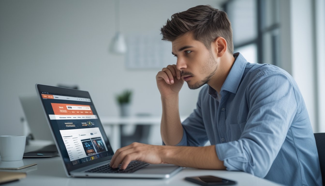 Seorang pria muda duduk di meja dengan laptop, terlihat fokus dan berhati-hati saat menggunakan komputer di ruang kantor yang terang.