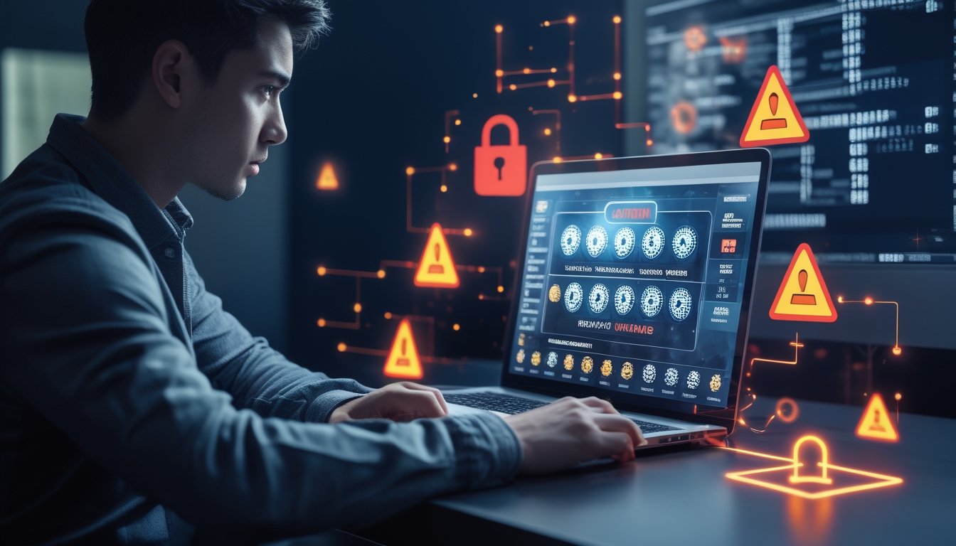 Seorang pria duduk di depan laptop dengan ekspresi khawatir, dikelilingi simbol peringatan dan ikon keamanan yang menunjukkan risiko situs judi online tidak terpercaya.