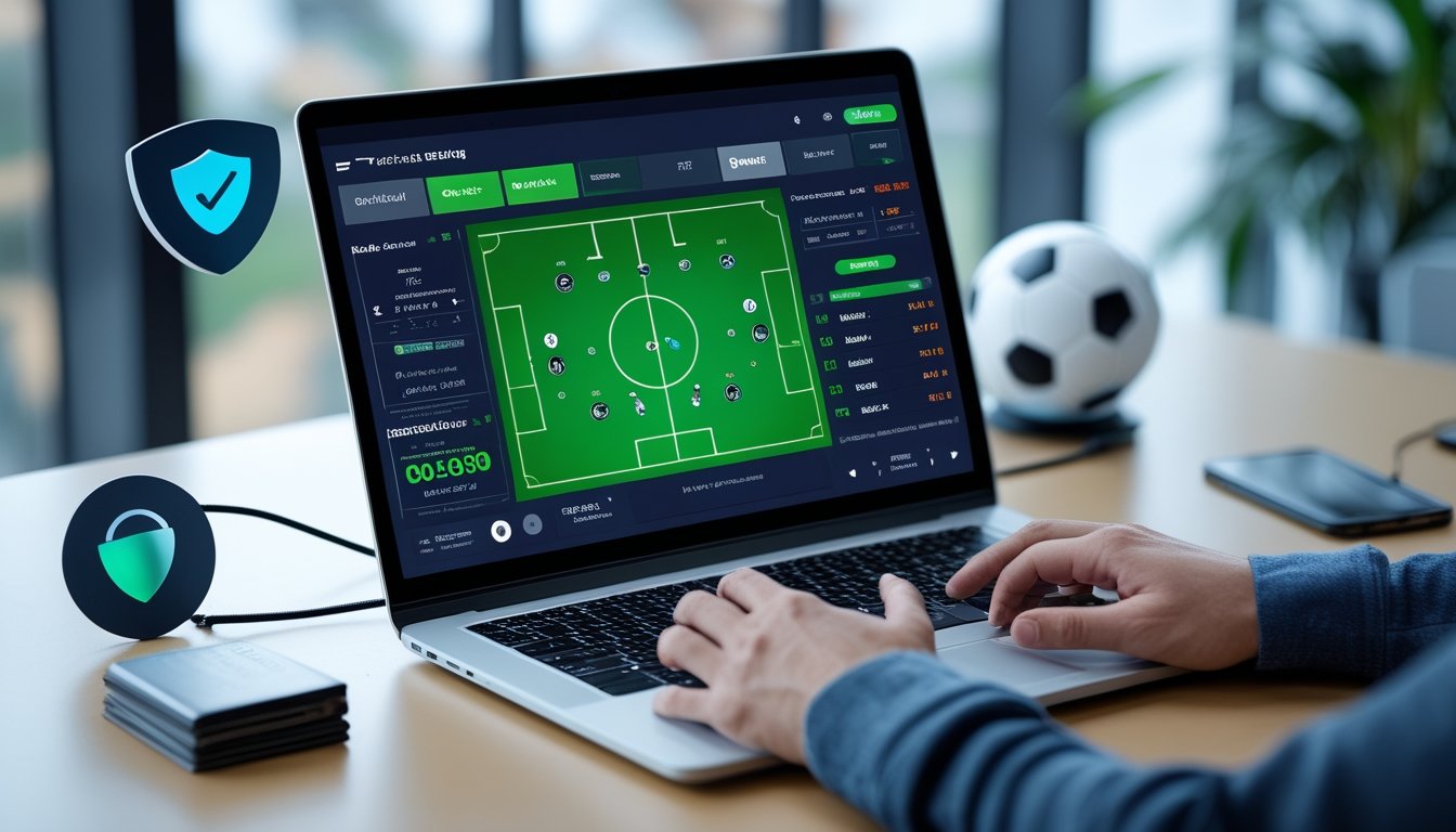 Seseorang menggunakan komputer dengan tampilan situs taruhan sepak bola online yang menampilkan odds dan skor pertandingan secara real-time.