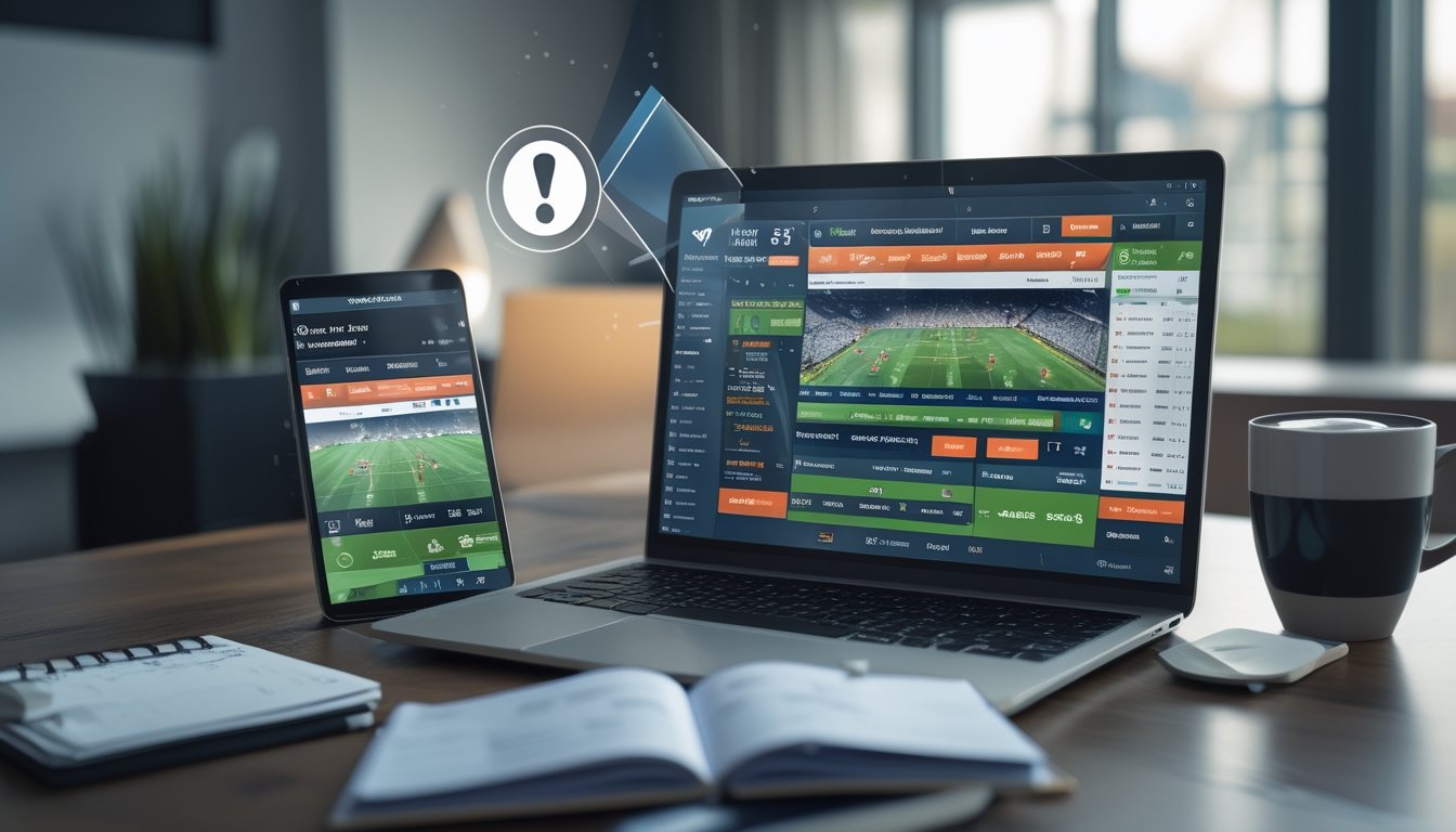 Seorang pria menggunakan laptop dengan tampilan pertandingan sepak bola dan peluang taruhan terkini di layar, di meja kerja dengan ponsel dan catatan.