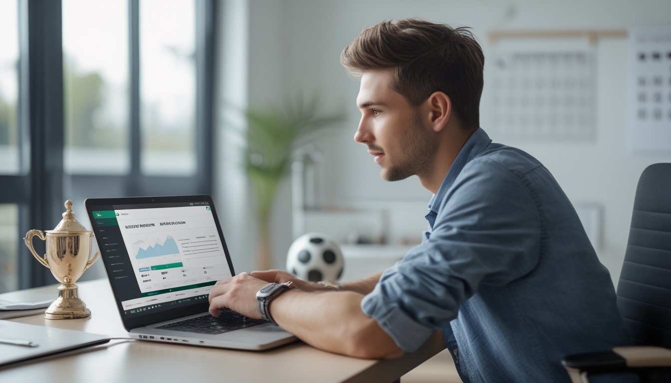 Seorang pria muda duduk di meja dengan laptop, fokus pada layar yang menampilkan situs taruhan sepak bola, dengan bola sepak dan trofi kecil di latar belakang.