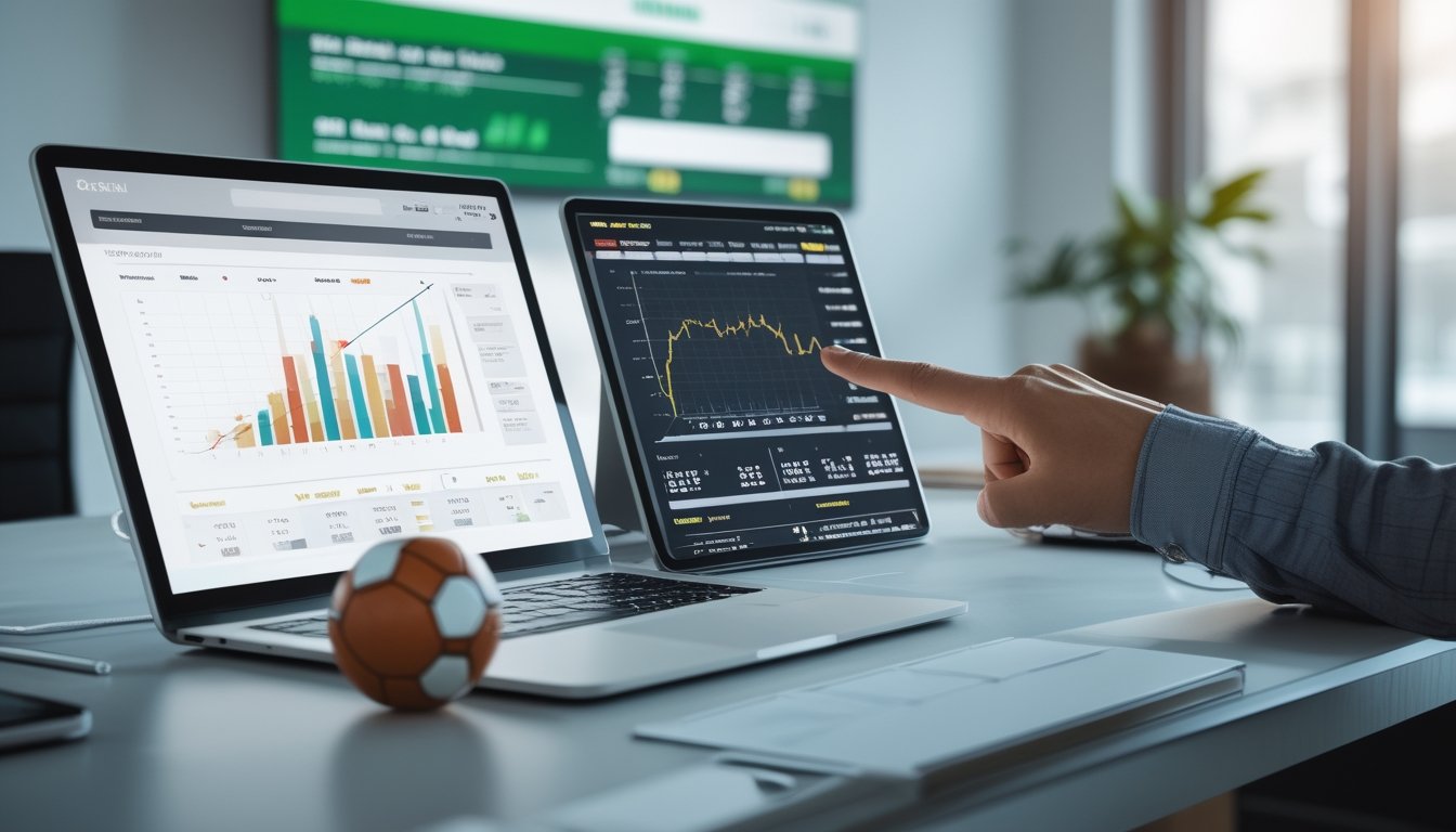 Seorang pria sedang menganalisis data dan statistik sepak bola menggunakan laptop dan tablet di sebuah meja kerja modern.