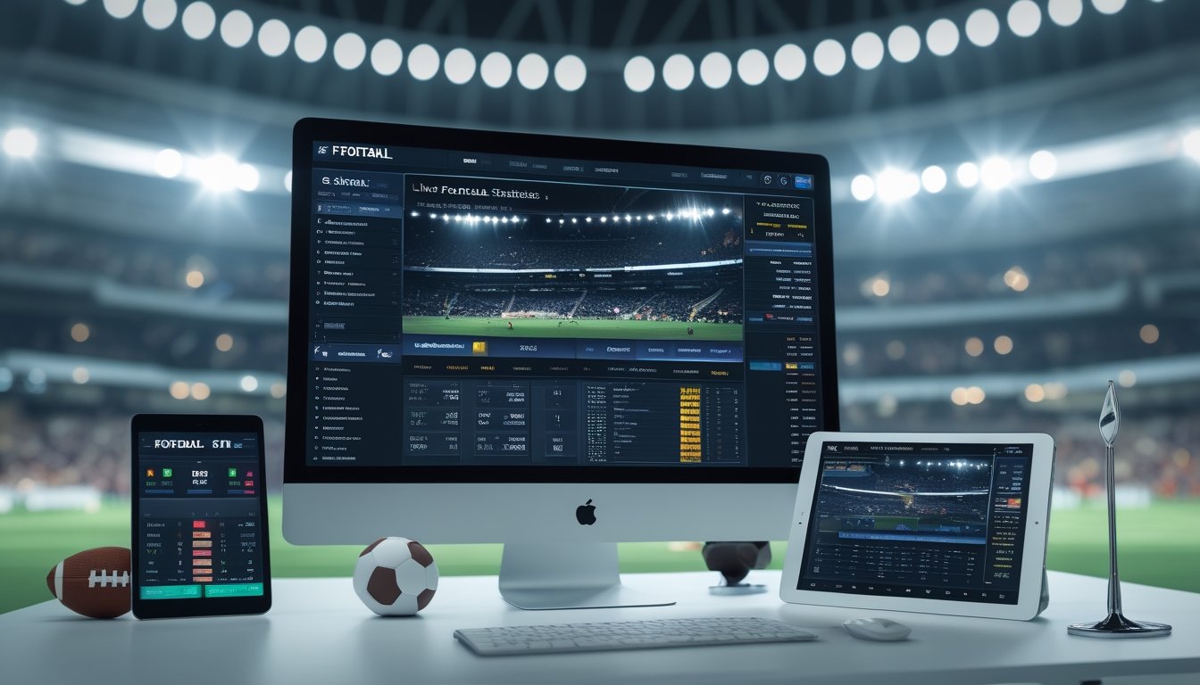Setup komputer dengan layar menampilkan statistik sepak bola dan fitur taruhan langsung, dikelilingi perangkat digital di meja kantor dengan latar stadion sepak bola.