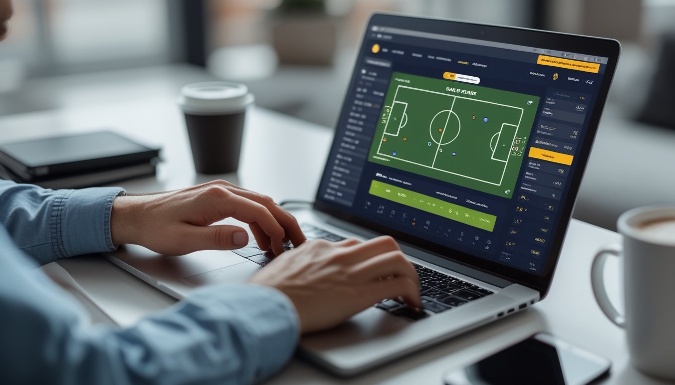 Seseorang menggunakan laptop yang menampilkan fitur taruhan langsung dan statistik lengkap pertandingan sepak bola.