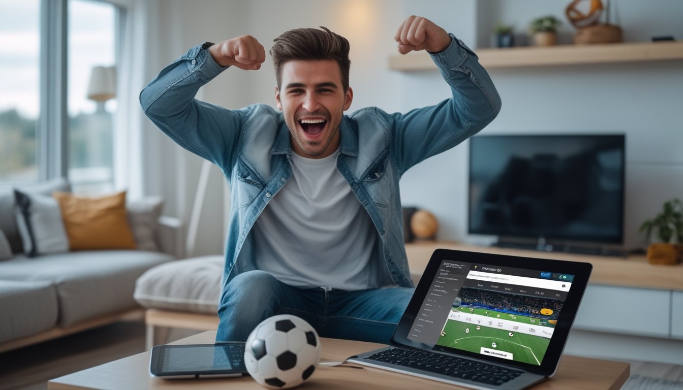 Seorang pria muda sedang merayakan kemenangan sambil menonton pertandingan sepak bola di laptop di ruang tamu yang nyaman.