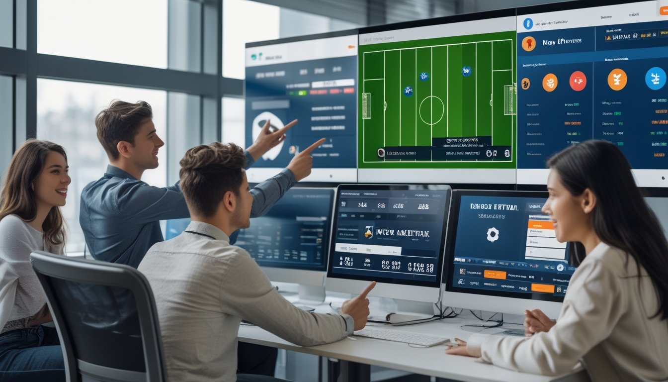 Sekelompok orang muda sedang bekerja bersama di kantor dengan layar komputer yang menampilkan data dan statistik sepak bola.