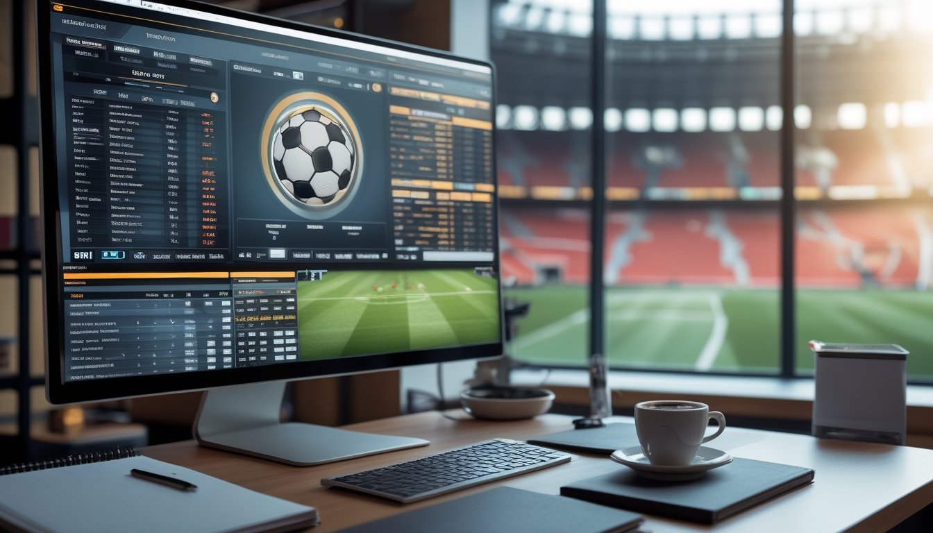 Seorang analis sepak bola sedang bekerja dengan komputer yang menampilkan statistik pertandingan dan data taruhan, dengan latar belakang stadion sepak bola.