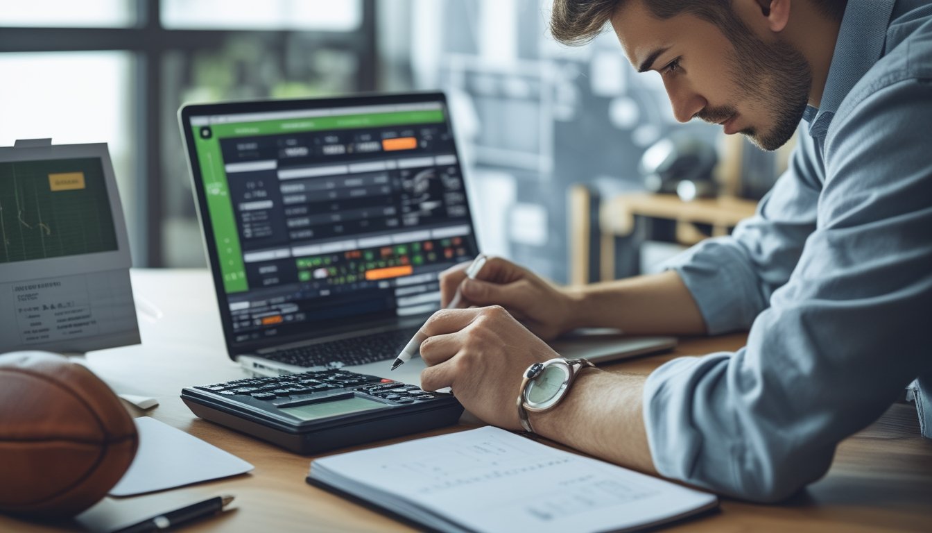 Seorang pria muda sedang mengelola keuangan di depan laptop dengan situs taruhan sepak bola online terbuka, menggunakan kalkulator dan mencatat di meja kerja.