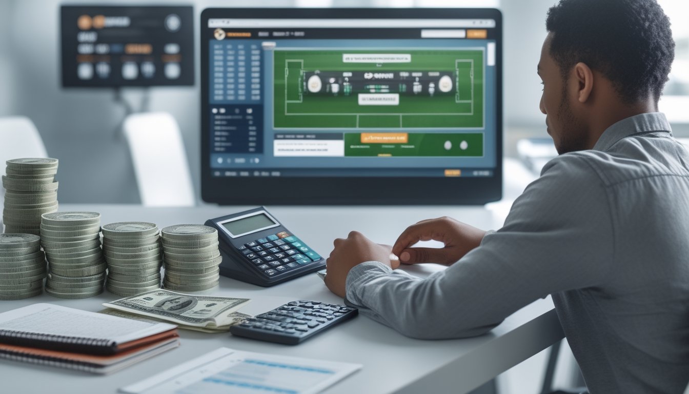 Seorang dewasa muda duduk di meja dengan laptop yang menampilkan situs taruhan sepak bola, dikelilingi oleh uang tunai, kalkulator, dan buku catatan, sedang menganalisis data dengan serius.