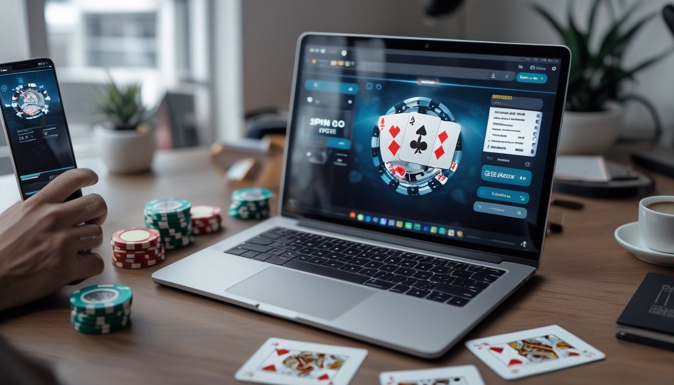 Seseorang sedang bermain poker online di laptop dengan chip poker dan kartu di meja, menunjukkan suasana turnamen cepat Spin & Go.