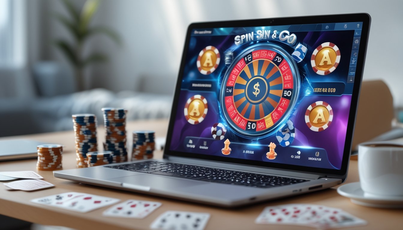 Sebuah meja dengan komputer yang menampilkan permainan poker online Spin & Go, dikelilingi oleh tumpukan chip poker dan kartu bermain.