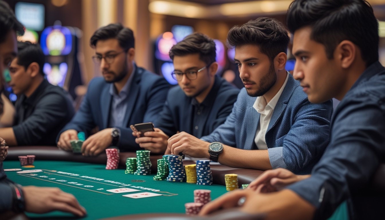 Beberapa pemain poker fokus bermain di meja poker dengan tumpukan chip dan kartu di kasino yang terang.