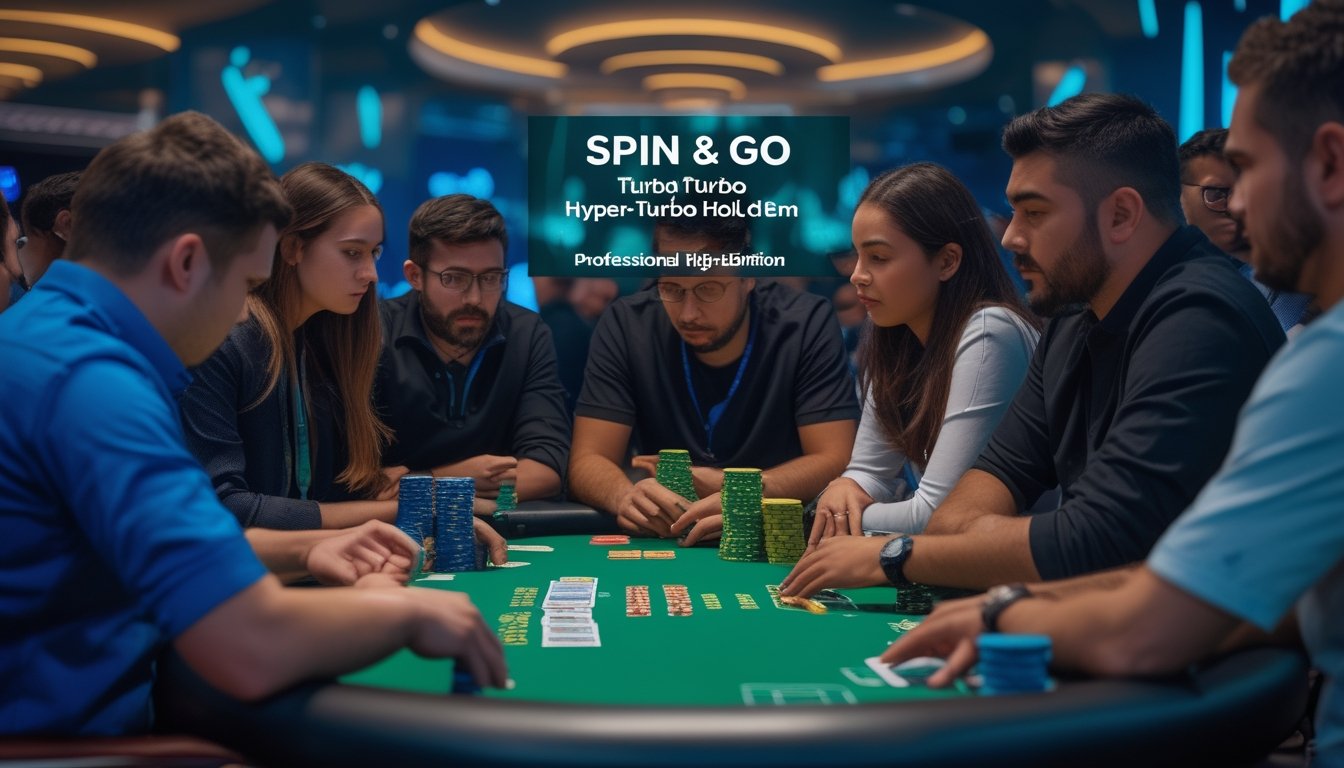 Sekelompok pemain poker sedang bermain di meja dengan tumpukan chip dan kartu, fokus dan serius dalam permainan.