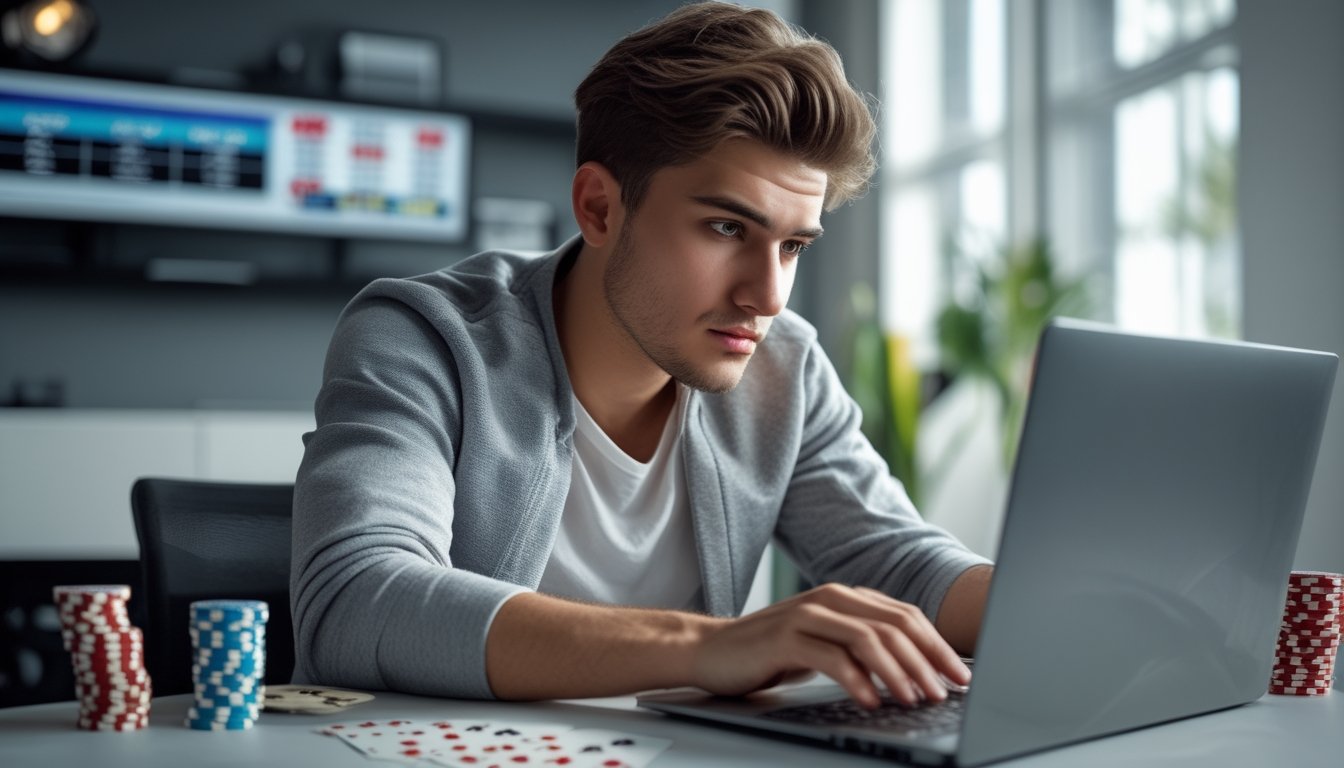 Seorang pria muda fokus bermain poker Spin & Go secara online di laptop di sebuah ruangan modern yang terang.