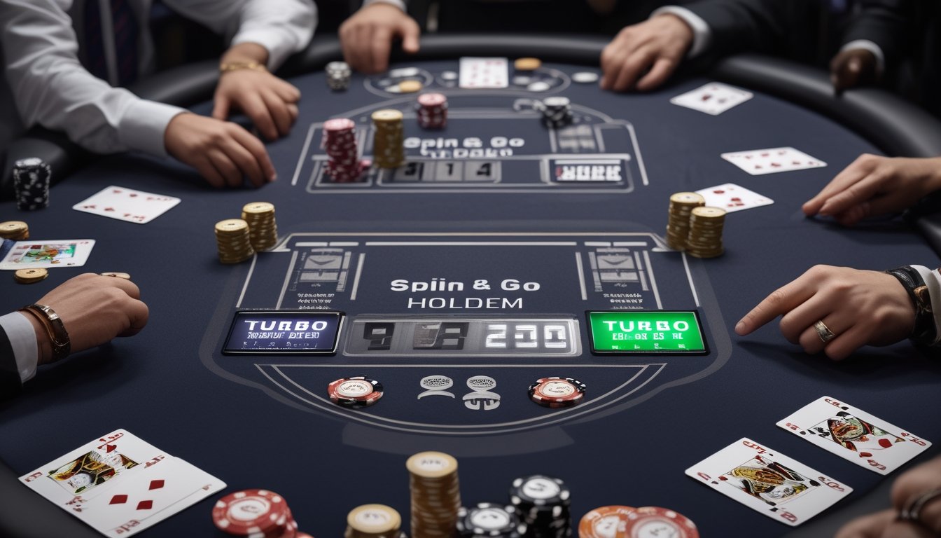 Meja poker dengan tiga bagian berbeda yang menunjukkan variasi permainan Spin & Go, Turbo, dan Hyper-Turbo Hold’em, dengan chip, kartu, dan timer digital yang menandakan kecepatan permainan yang berbeda, di dalam suasana kasino yang modern.