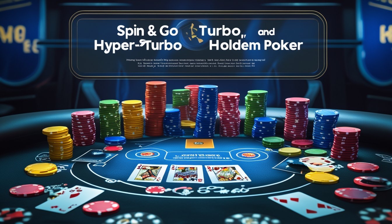 Meja poker dengan tumpukan chip warna-warni, kartu bermain terbuka, dan jam digital yang menunjukkan permainan poker cepat.