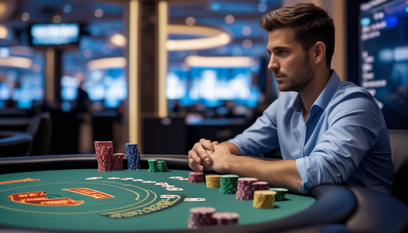 Seorang pemain poker duduk di meja poker dengan chip dan kartu, fokus pada permainan di lingkungan kasino yang tenang.