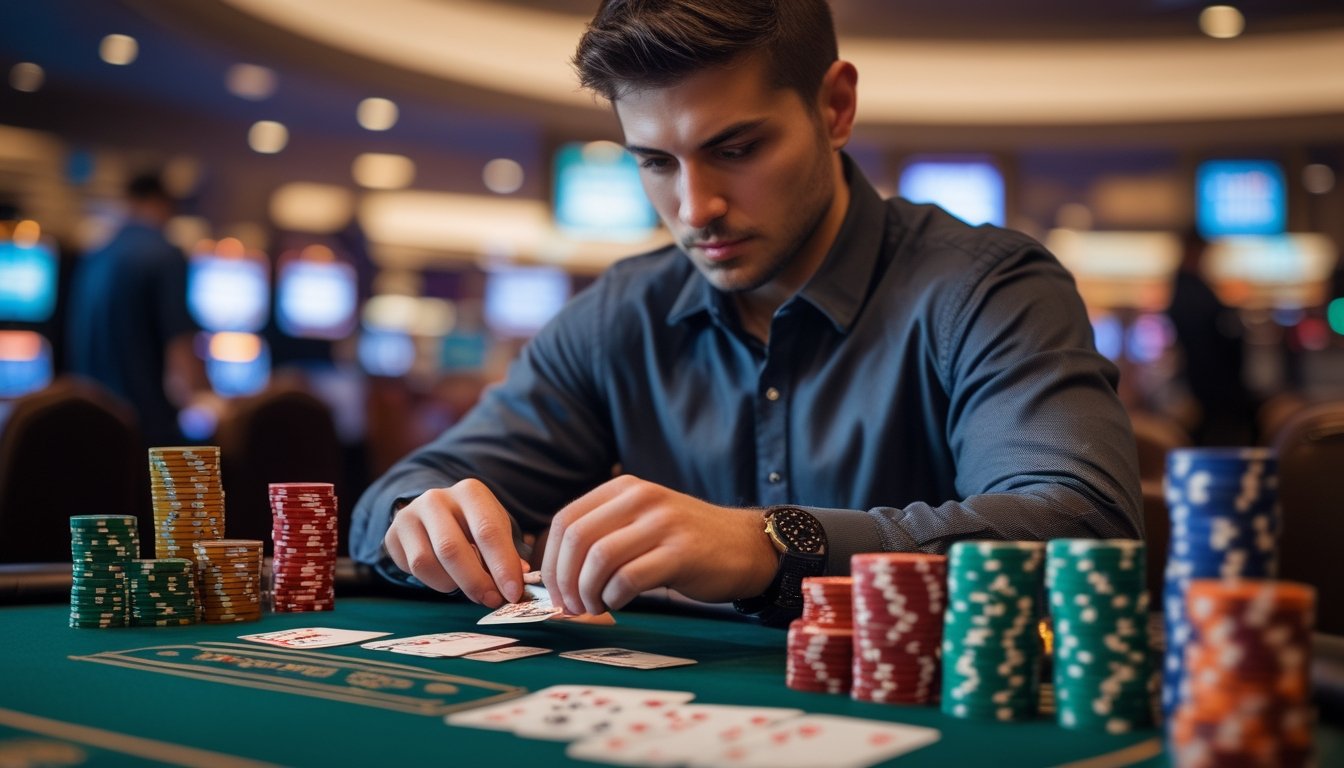 Seorang pemain poker fokus duduk di meja poker dengan tumpukan chip dan kartu, suasana tenang dan strategis di kasino.
