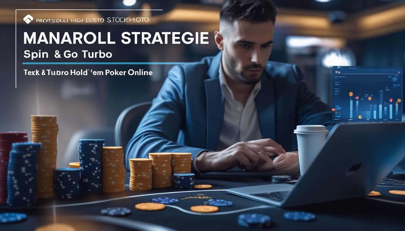 Seorang pemain poker fokus di meja poker dengan tumpukan chip dan kartu, menggunakan tablet untuk mengelola strategi permainan poker online.