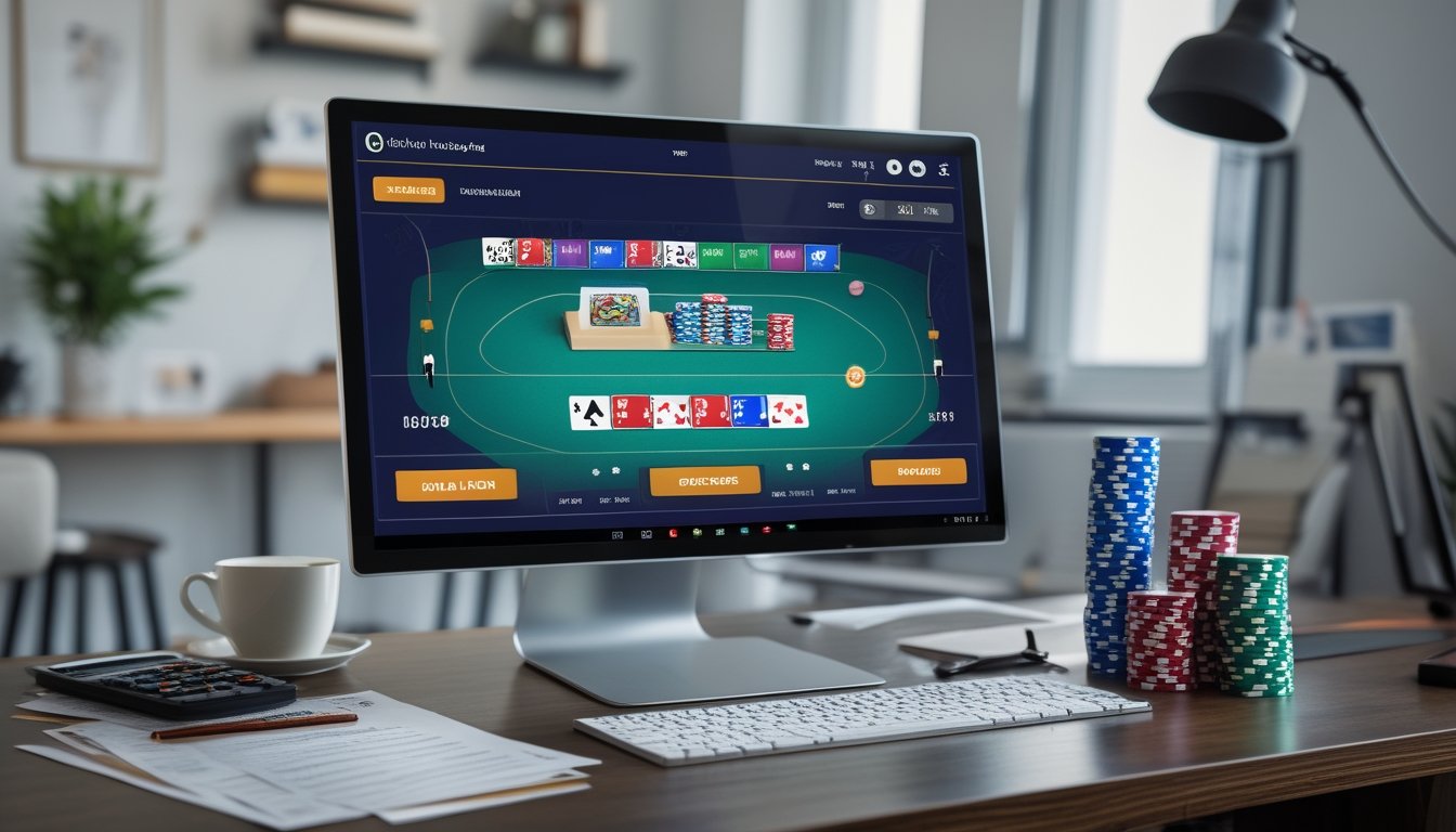 Seorang pemain poker online sedang duduk di depan komputer dengan tumpukan chip poker dan dokumen keuangan di meja, menunjukkan suasana fokus dan perencanaan strategi bankroll.
