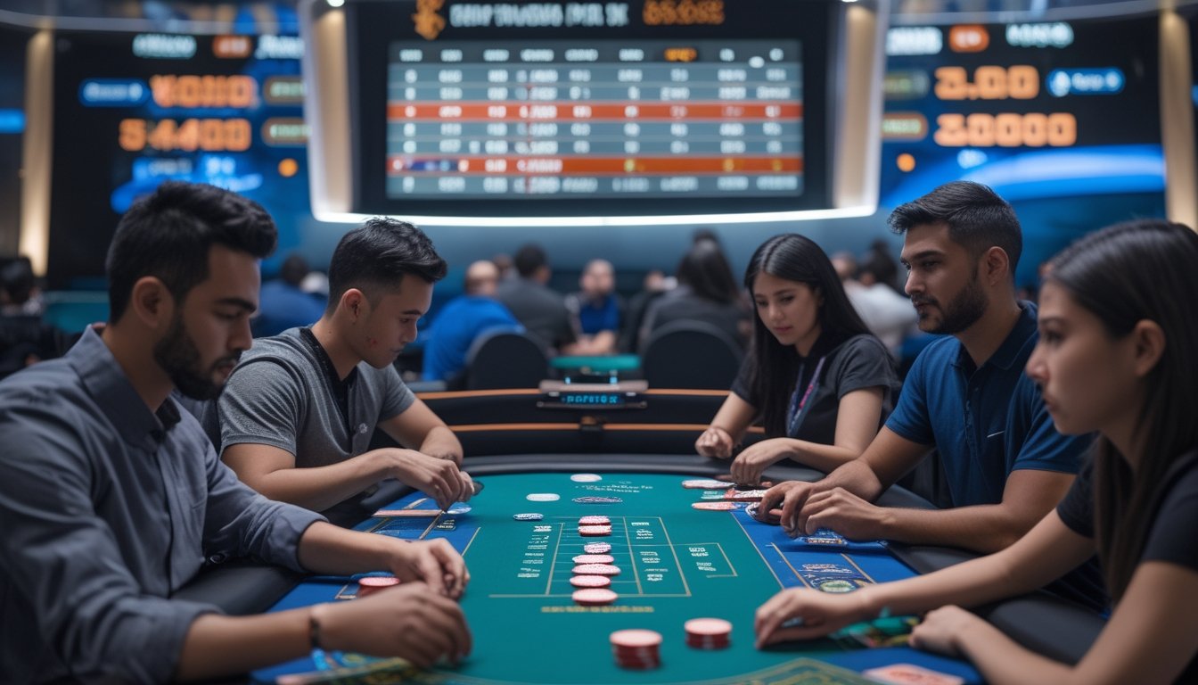 Meja poker dengan pemain yang fokus bermain dalam turnamen poker cepat, dikelilingi chip dan kartu bermain.