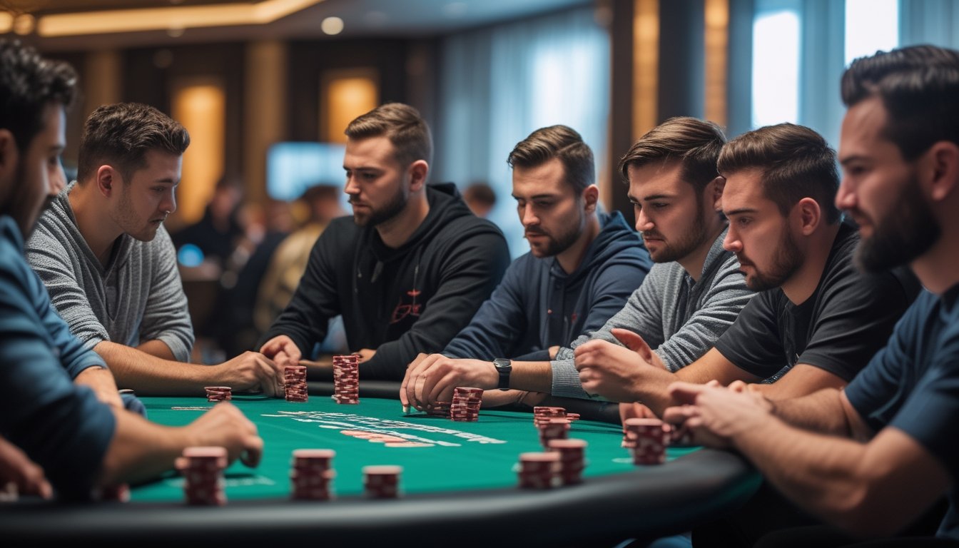 Sekelompok pemain poker sedang bermain di meja dengan tumpukan chip dan kartu, menunjukkan suasana turnamen yang serius dan fokus.