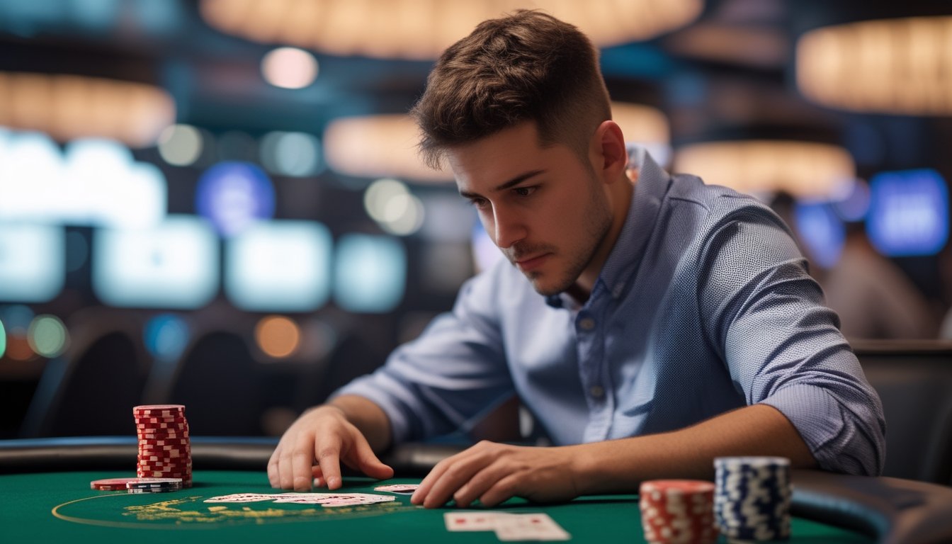 Seorang pemain poker fokus duduk di meja kasino dengan kartu dan chip poker di depan.
