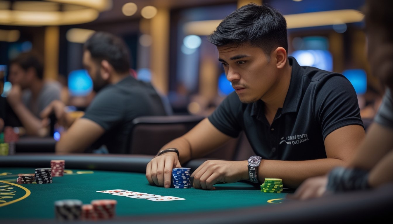 Seorang pemain poker fokus duduk di meja kasino dengan kartu dan tumpukan chip di depannya, sedang bermain Spin & Go Turbo.