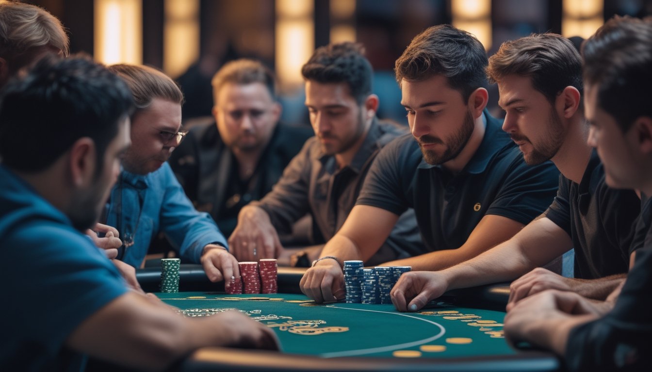 Beberapa pemain poker serius bermain di meja dengan tumpukan chip dan kartu, satu pemain membuat langkah agresif di permainan Spin & Go Hold’em.