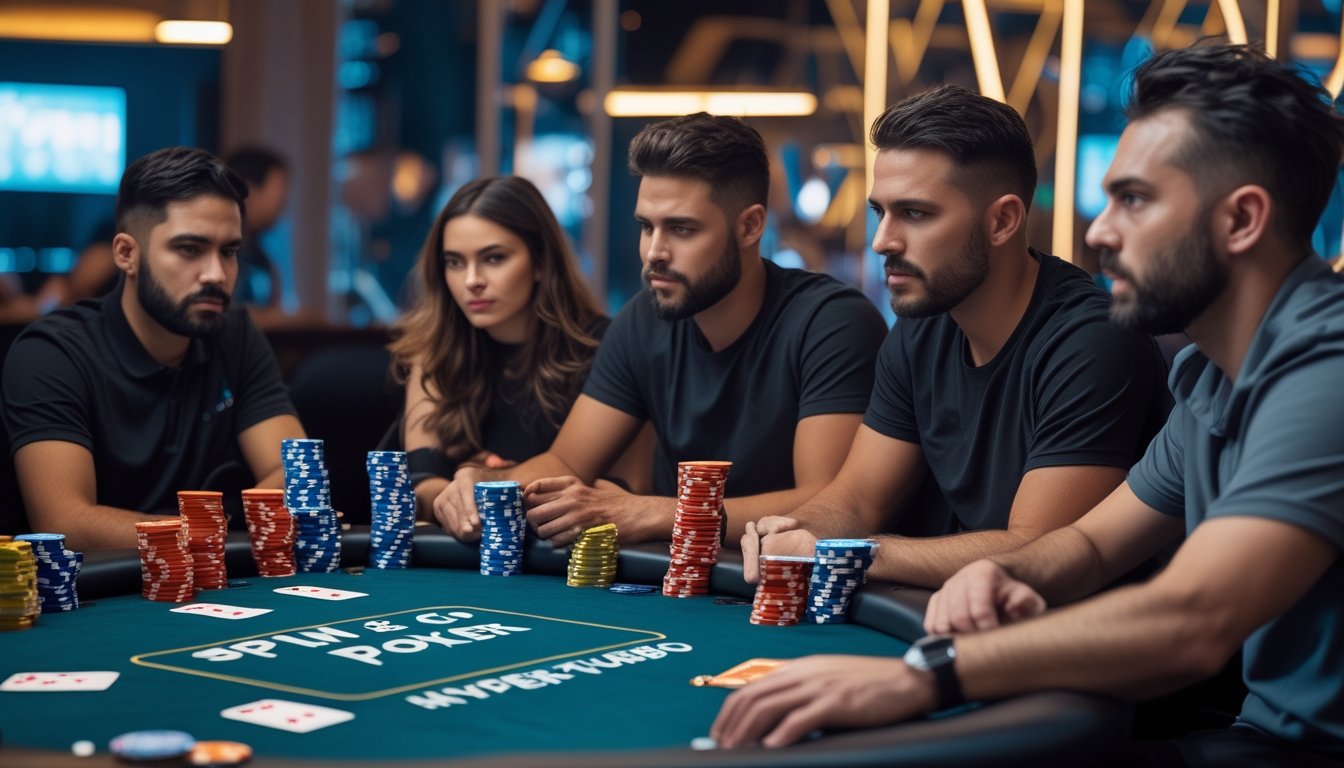 Beberapa pemain poker sedang serius bermain di meja poker dengan tumpukan chip dan kartu di sebuah kasino.