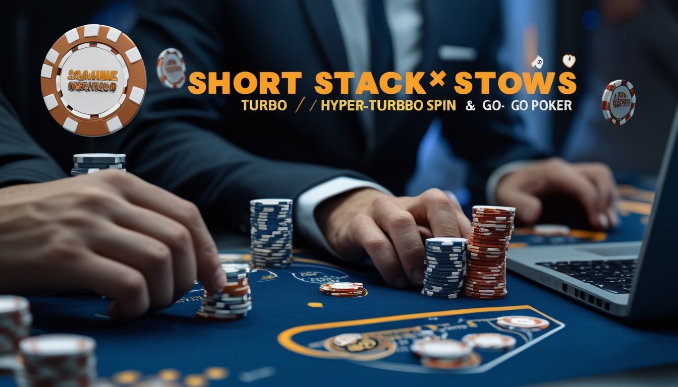Meja poker dengan tumpukan chip pendek dan layar komputer yang menampilkan permainan poker online cepat, dengan tangan pemain memegang kartu.