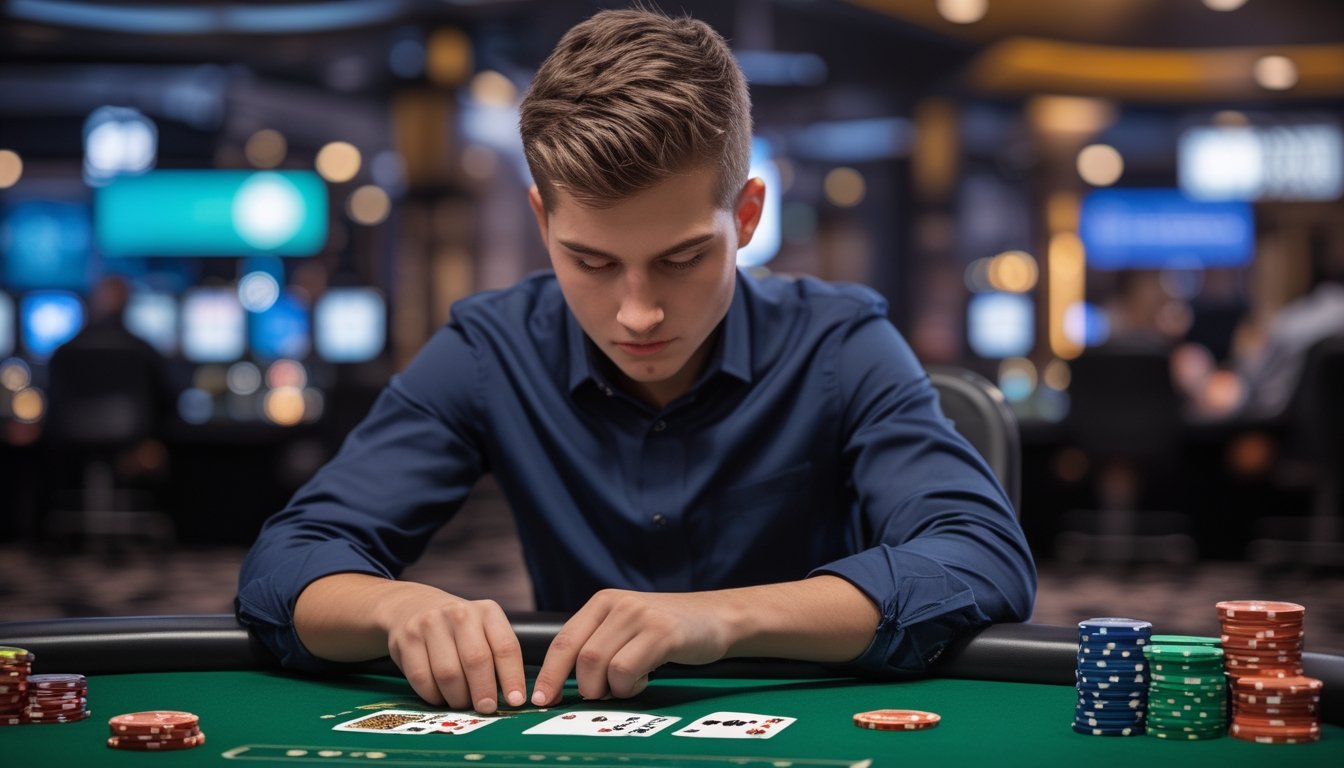 Seorang pemain poker fokus duduk di meja poker dengan tumpukan chip pendek dan kartu di depannya di lingkungan kasino.
