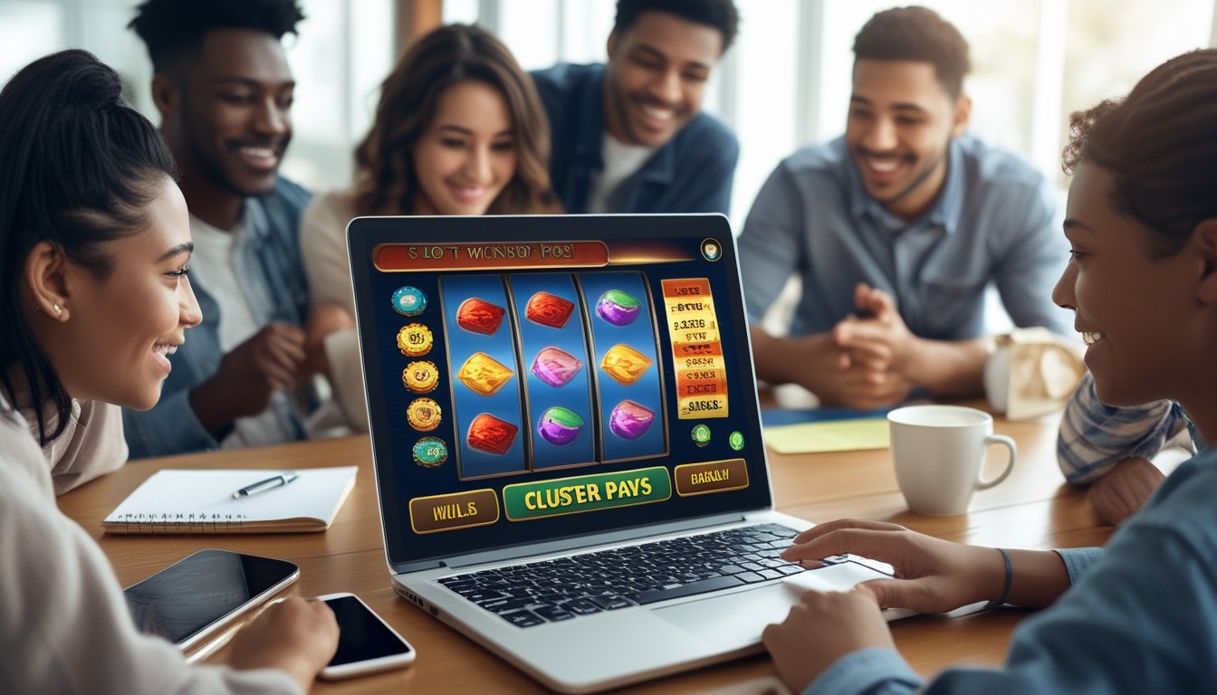 Sekelompok orang muda sedang melihat layar laptop yang menampilkan permainan slot retro dengan sistem cluster pays yang mudah dipahami.