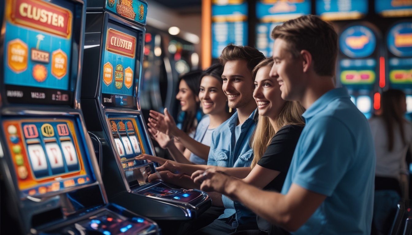 Beberapa orang muda bermain mesin slot retro dengan tampilan warna-warni dan grafik taruhan yang sederhana di ruang permainan yang terang dan modern.