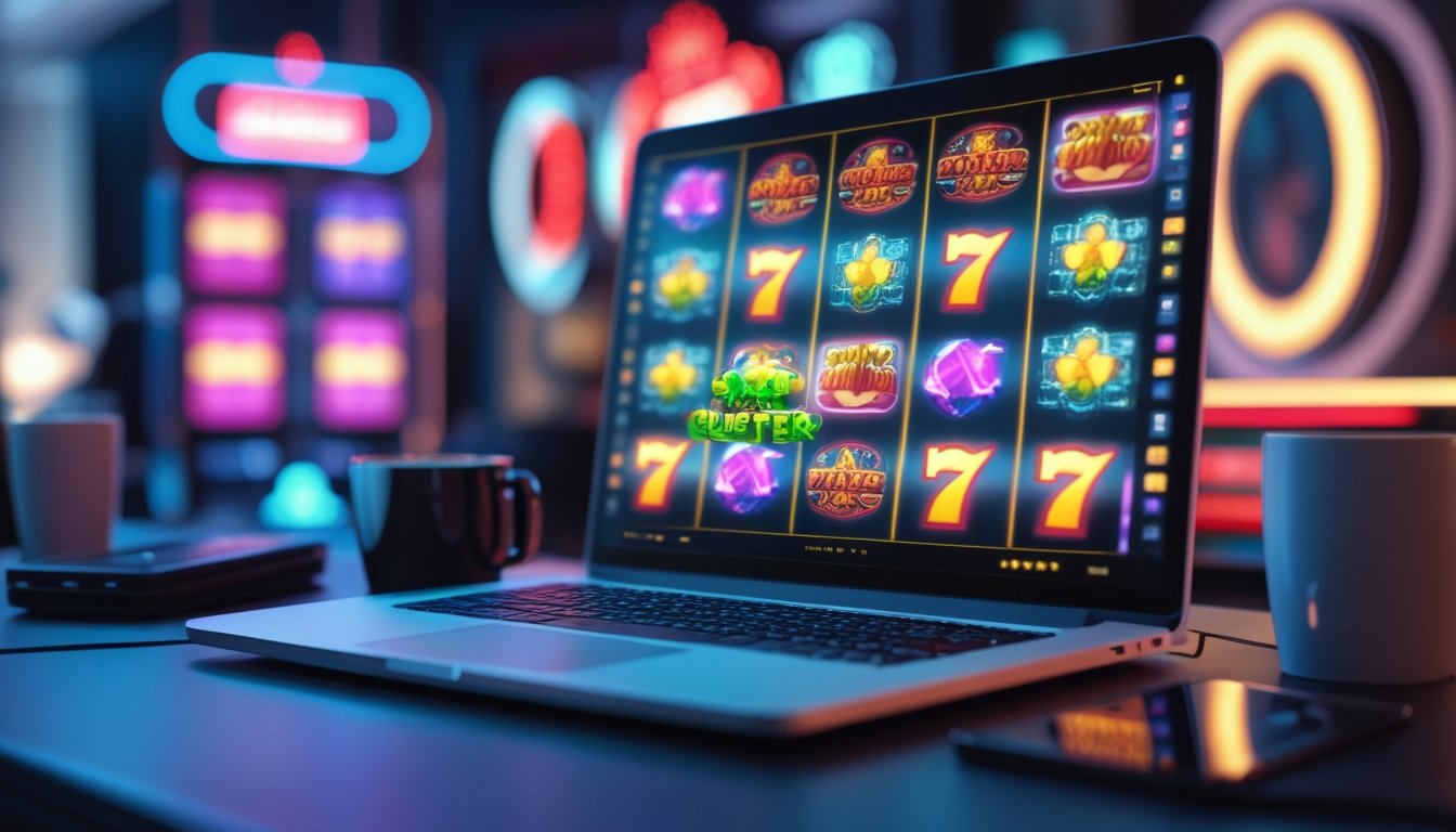 Seseorang sedang bermain permainan slot online di komputer dengan tampilan simbol warna-warni yang menyala, di meja kerja yang rapi dan suasana yang nyaman.