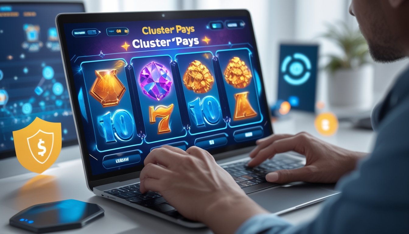 Seseorang bermain permainan slot online di komputer dengan tampilan simbol klaster warna-warni di layar.