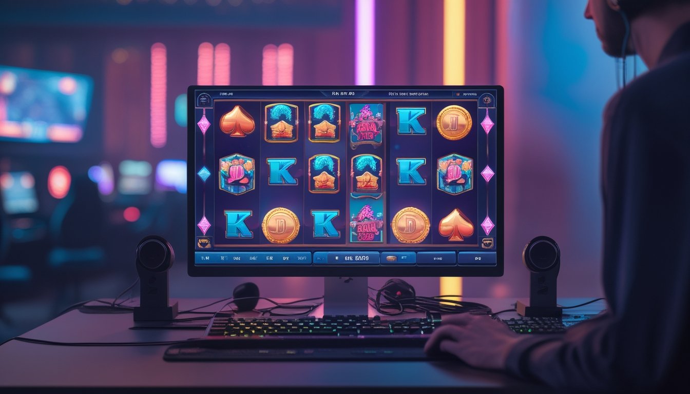 Sebuah setup komputer menampilkan permainan slot dengan desain retro dan cluster pays, dengan tangan seseorang siap bermain.