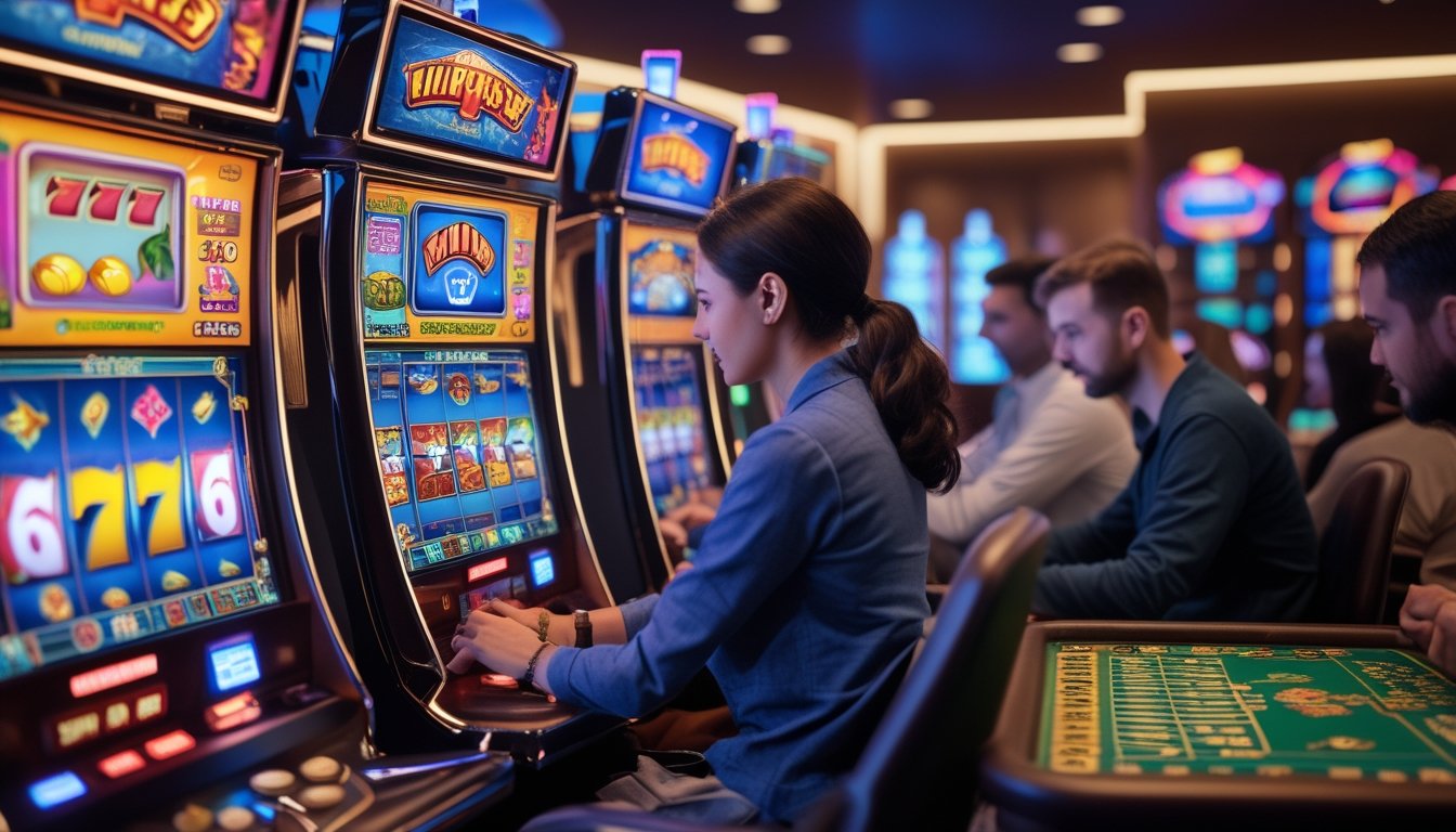 Beberapa orang sedang bermain mesin slot dengan desain retro dan pola cluster pays di lingkungan kasino yang terang dan modern.