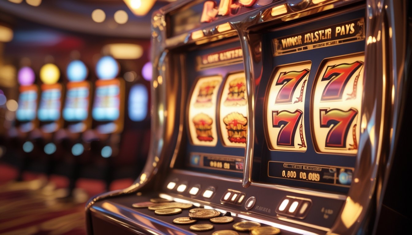 Mesin slot retro klasik dengan lampu terang dan simbol warna-warni, menampilkan kombinasi kemenangan di layar dalam suasana kasino yang hangat.